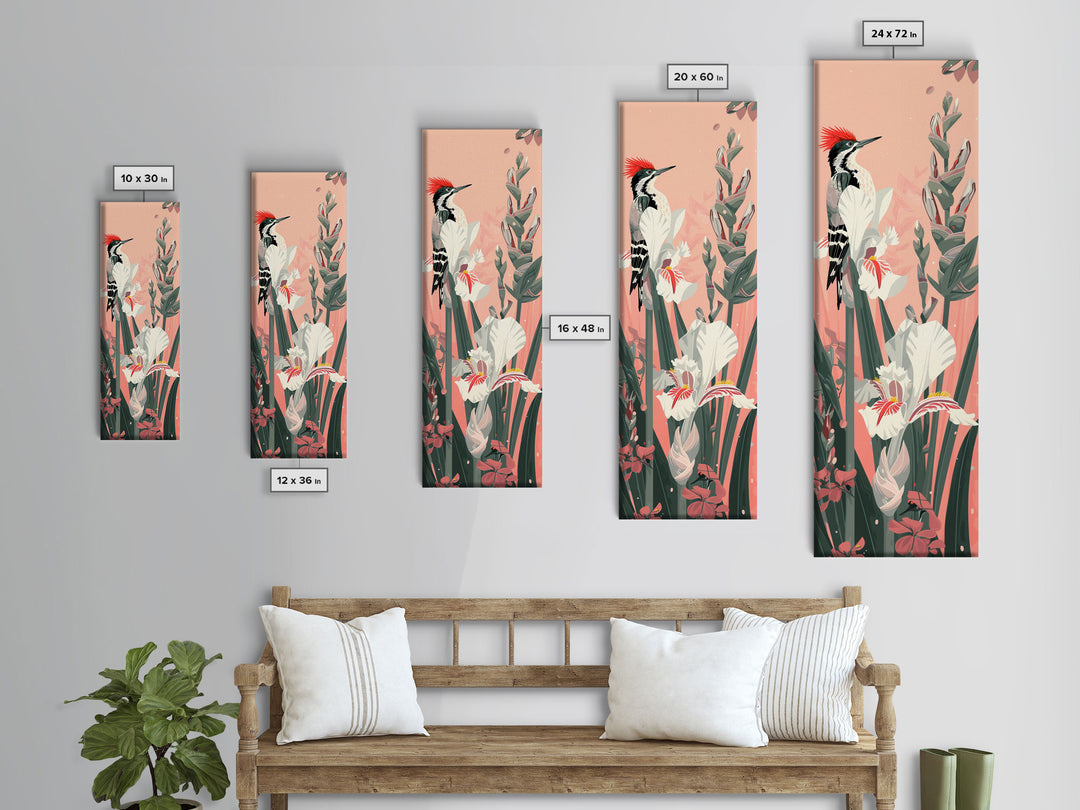 Woodpecker Perched on Stalks of Flowers against a Soft Pink Background Ukiyo-e Art Japanese Framed Canvas Print Skinny Tall Art