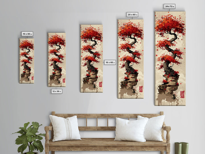 Vibrant Red Maple Tree with Twisting Branches on a Beige Background Ukiyo-e Art Japanese Framed Canvas Print Skinny Tall Art