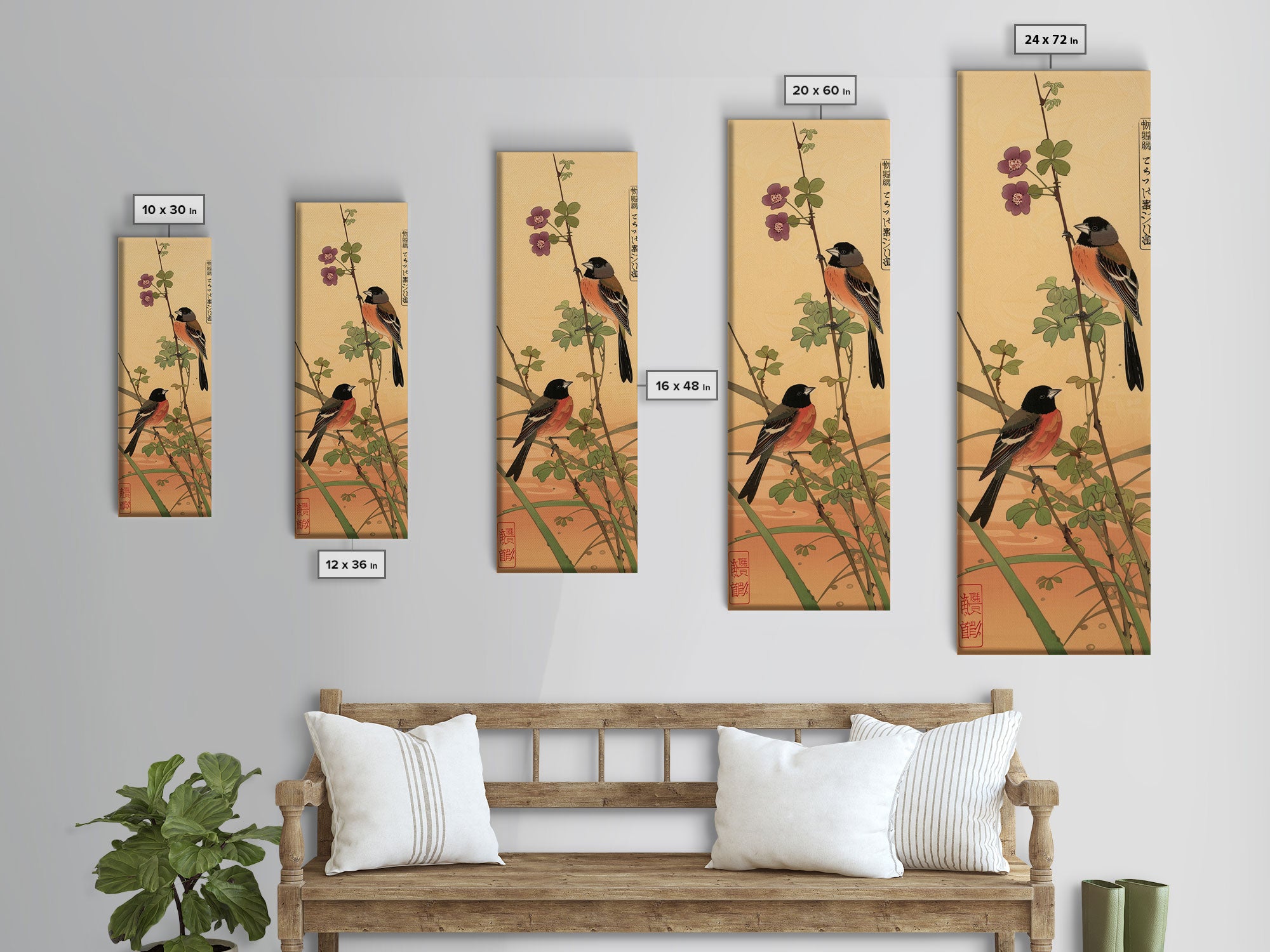 Tall Art, Skinny Art, Japanese Style Art, Birds On Branches Wood Block Print Framed Canvas Print Ukiyo-e Art