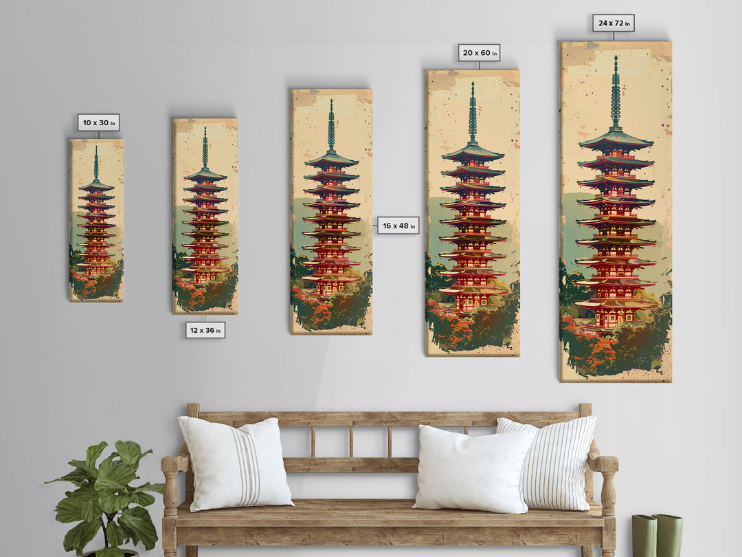 Tall Art, Skinny Art, Japanese Style Art, Pagoda Tower Wood Block Print Framed Canvas Print Ukiyo-e Art