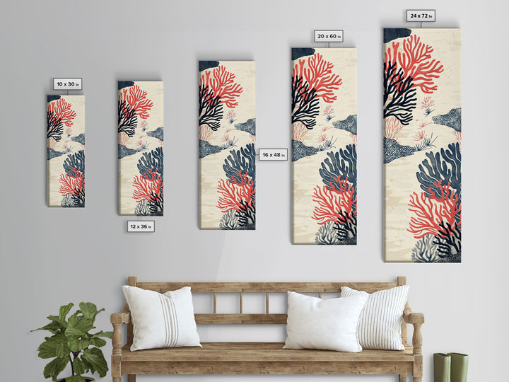 Skinny Art, Tall Art, Japanese Style Art, Coral Reef Wood Block Print Framed Canvas Print Ukiyo-e Art