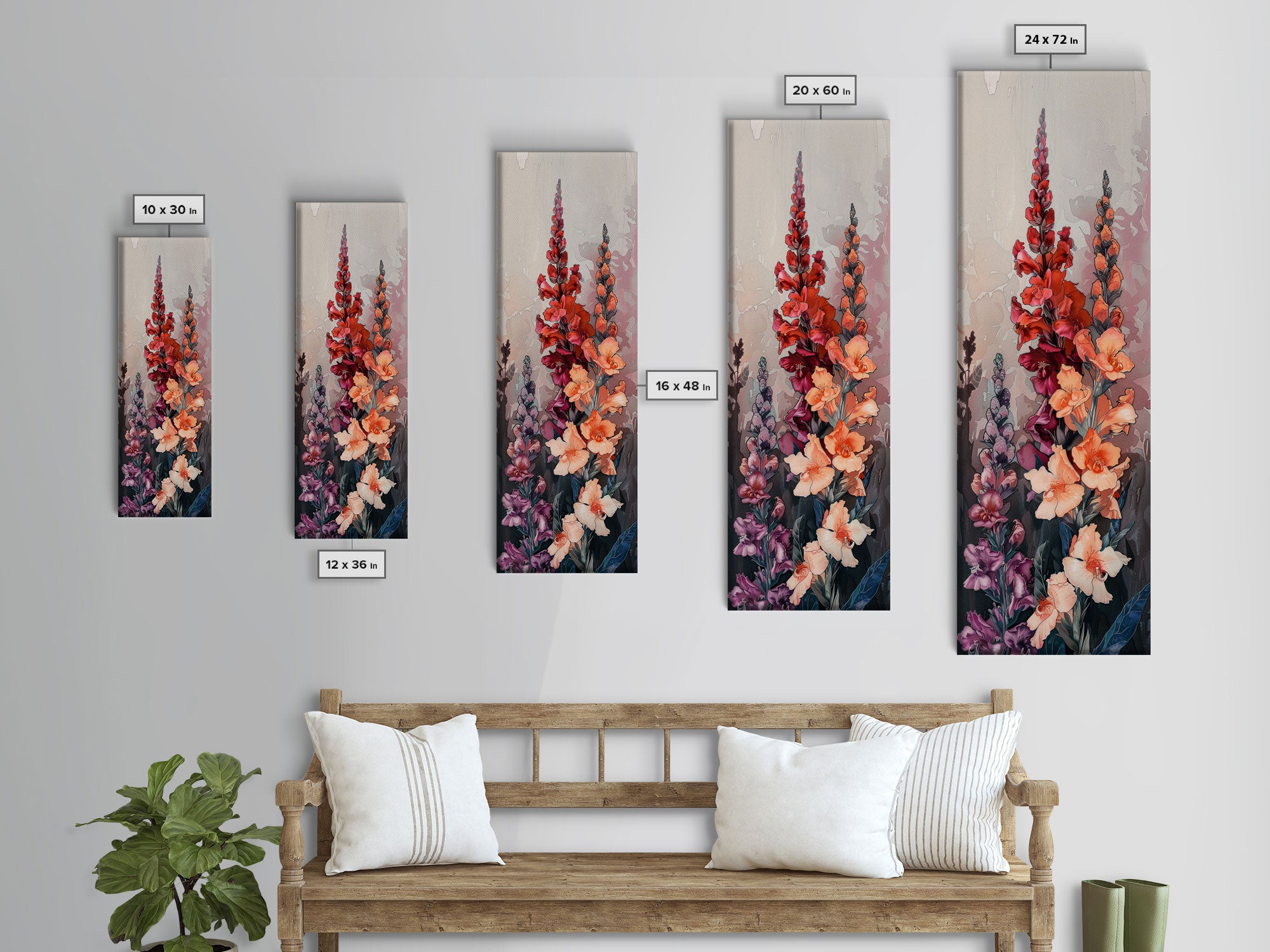 Wood Block Print Featuring Vibrant Gladiolus Flowers In A Dynamic Arrangement, Skinny Art, Tall Art, Japanese Style Art, Ukiyo-e Art, Framed Canvas Print