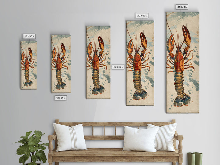 Ukiyo-e Art Of A Boldly Colored Lobster With Intricate Details, Skinny Art, Tall Art, Japanese Style Art, Framed Canvas Print, Wood Block Print