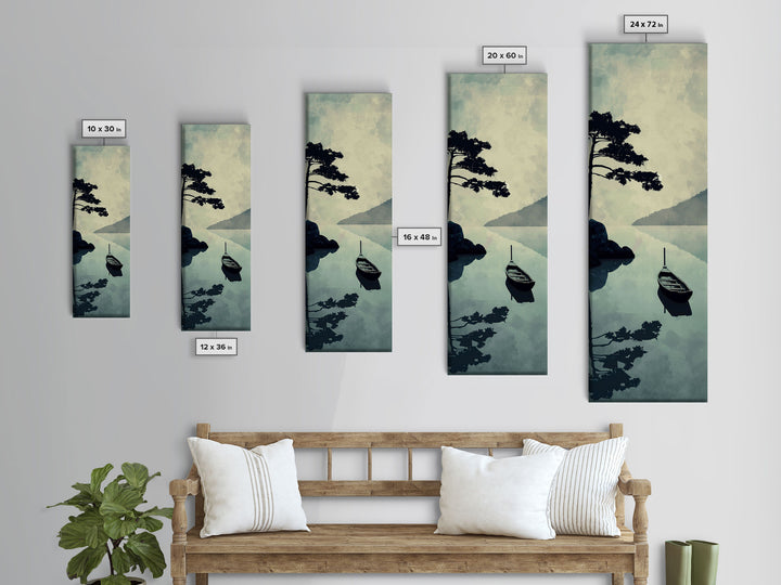 Skinny Art Tall Art Serene Lake Scene With Boat Wood Block Print Japanese Style Art Framed Canvas Print Calm Reflections On Still Water