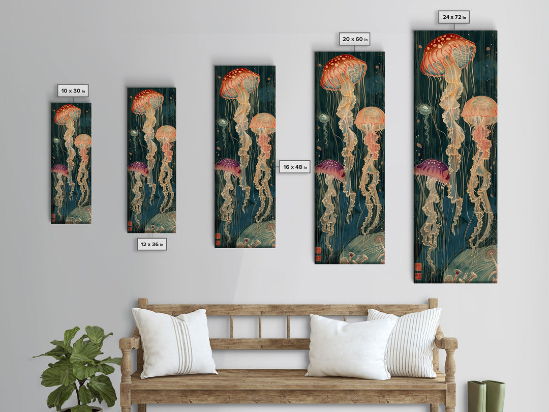 Skinny Art Tall Art Jellyfish Wood Block Print Japanese Style Art Captivating Underwater Scene Framed Canvas Print