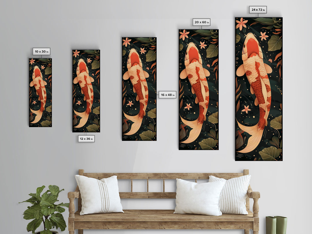 Skinny Art Tall Art Koi Fish Wood Block Print Japanese Style Art Swimming Among Lotus Flowers Framed Canvas Print