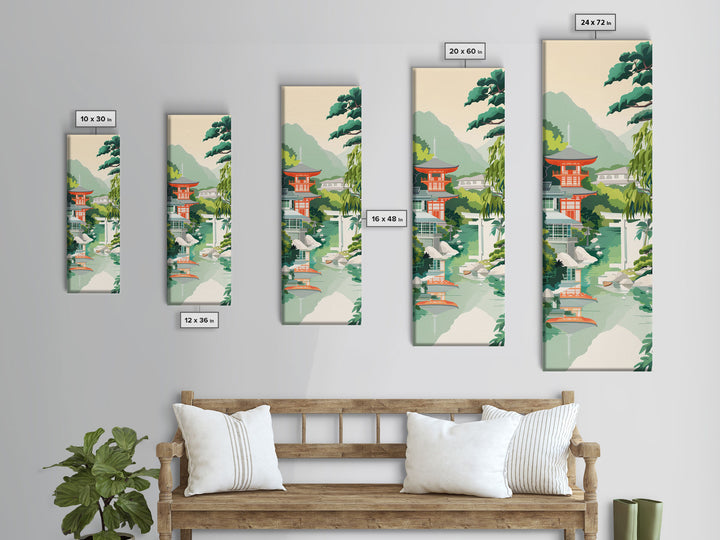 Skinny Art Tall Art Tranquil Japanese Garden Wood Block Print Japanese Style Art With Pagoda Reflected In Water Framed Canvas Print