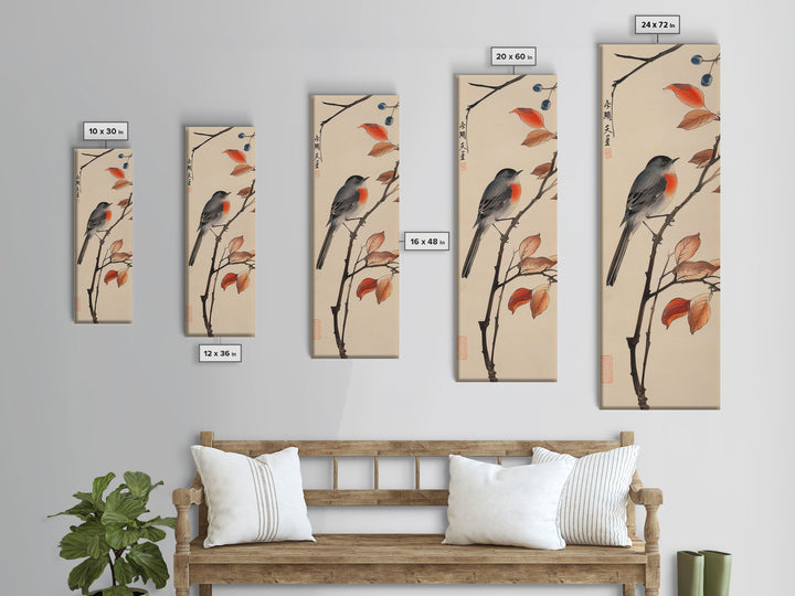 Songbird Perched On Branch With Autumn Leaves Skinny Art Wood Block Print Framed Canvas Print