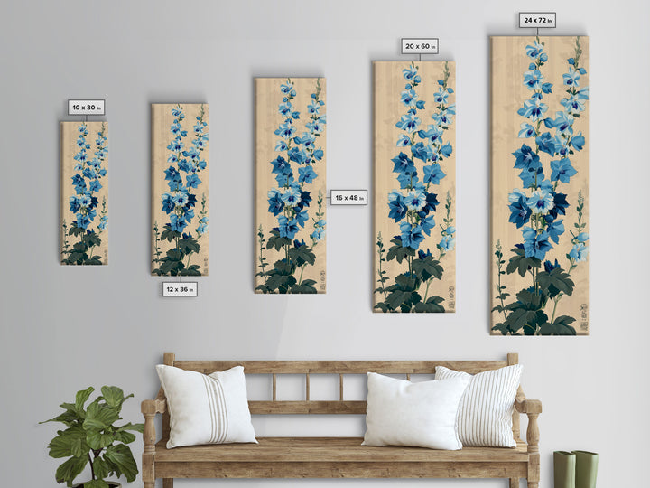 Tall Blue Delphinium Flowers Against Beige Background Ukiyo-e Wood Block Print Framed Canvas Print