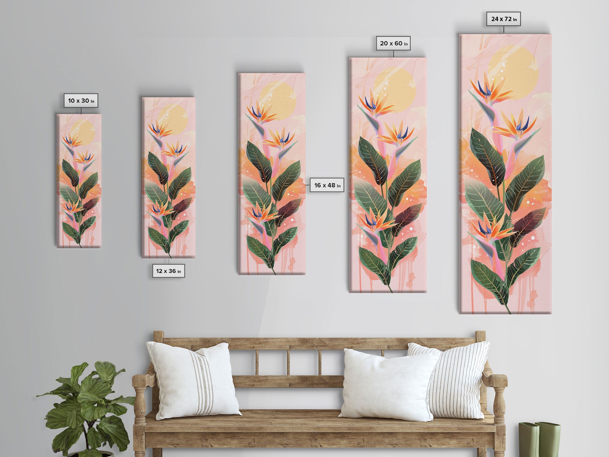 Vibrant Bird Of Paradise Flowers Against Soft Pastel Background Ukiyo-e Style Skinny Tall Wood Block Framed Canvas Print