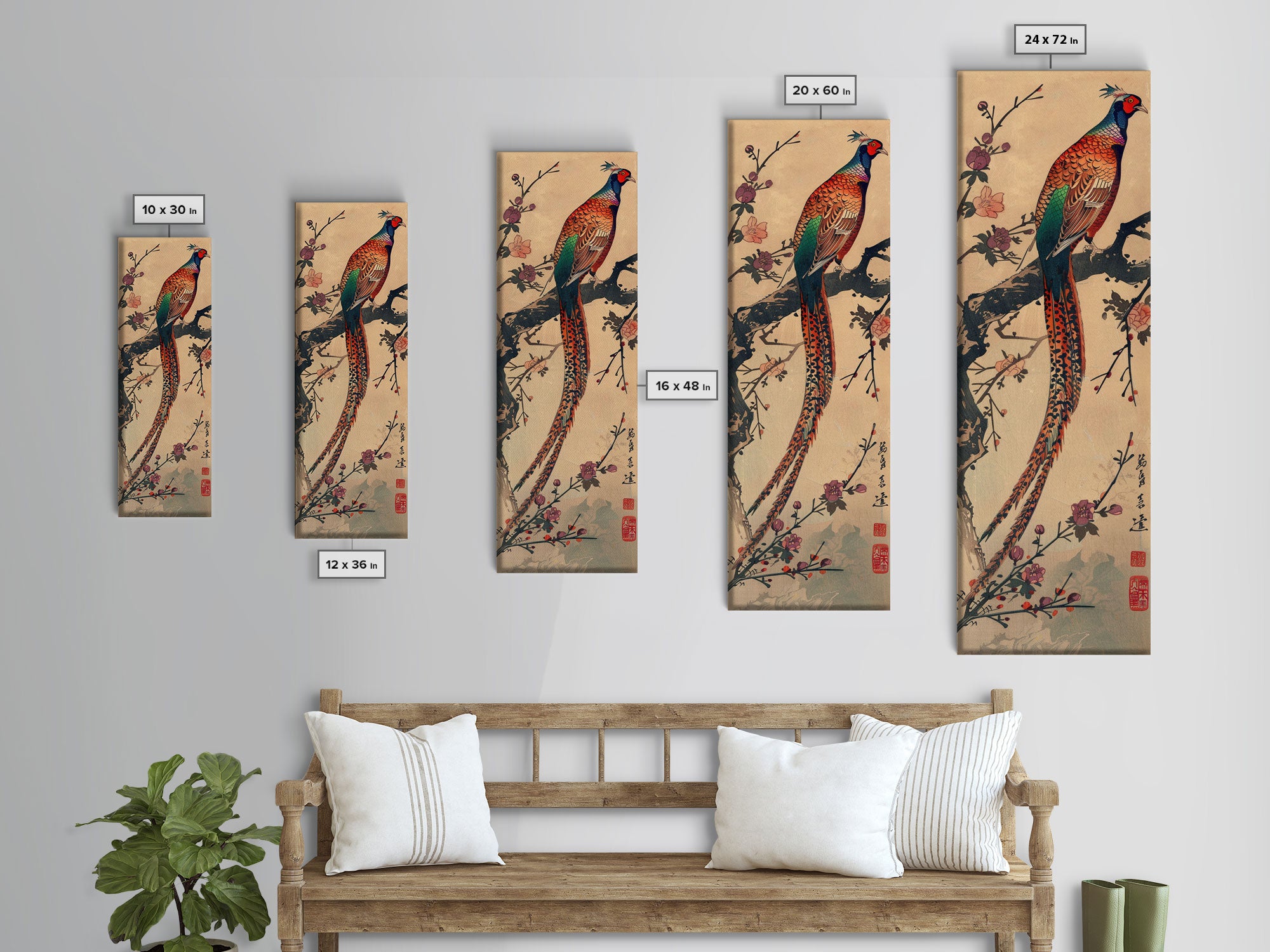 Vibrant Pheasant Perched On Flowering Branch For Traditional Japanese Art Wall Decor Framed Canvas Print