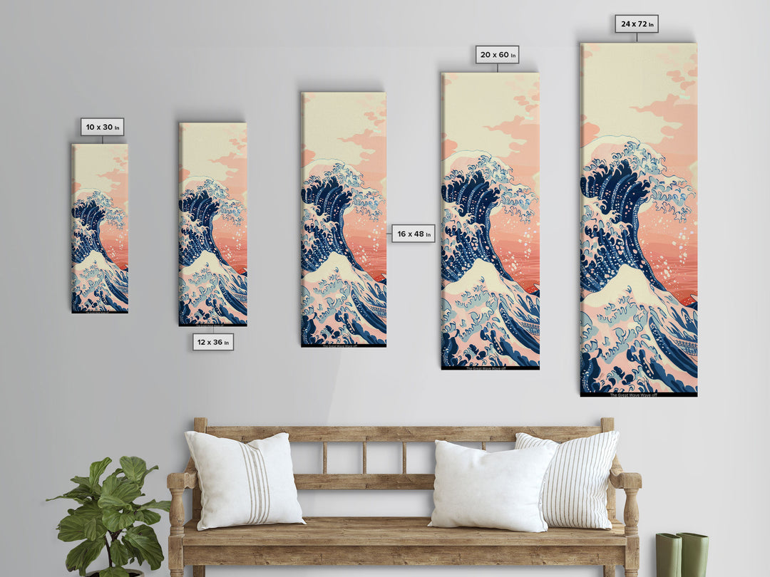 Skinny Tall Canvas Art Of The Great Wave In Soft Pastel Colors, Modern Framed Print Ideal For Feng Shui Wall Art, Japanese Style Art