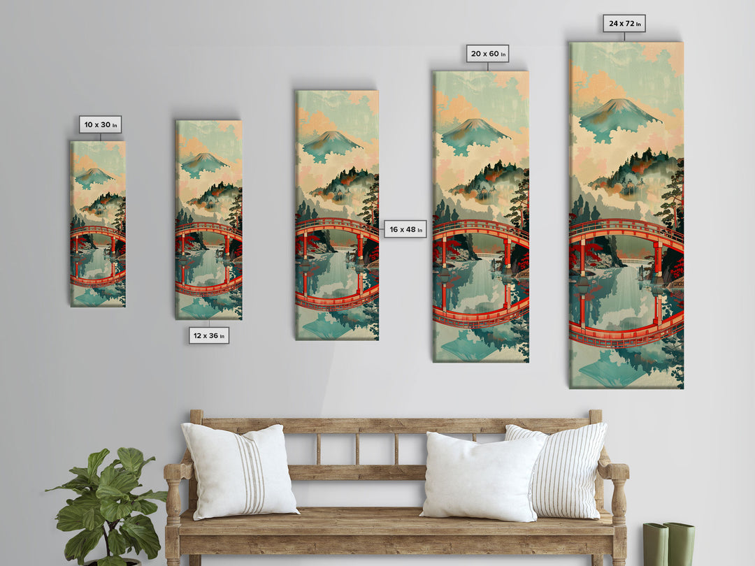 Stunning Mount Fuji With Red Bridge Reflection, Skinny Tall Framed Canvas Print, Feng Shui-Inspired Japanese Style Art For Wall Art