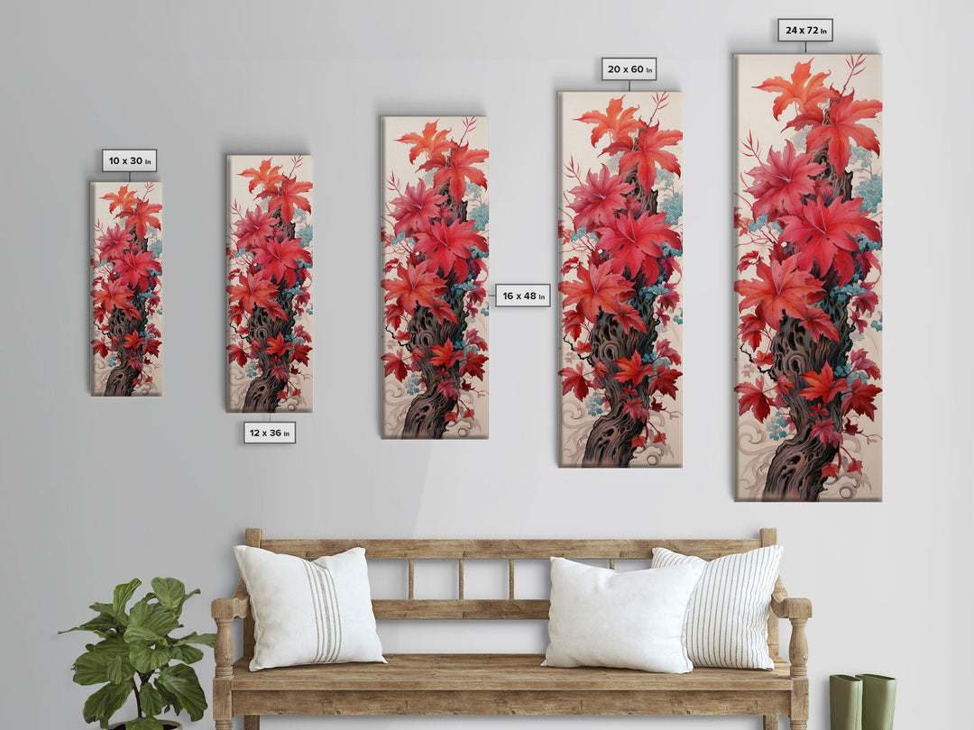 Vibrant Red Leaves On A Gnarled Tree Trunk, Tall Skinny Canvas Print For Feng Shui Decor, Japanese Style Wall Art