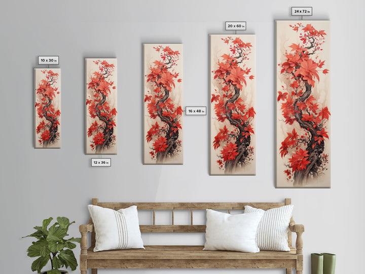 Twisting Red Vine With Autumn Berries, Skinny Tall Canvas Art Perfect For Feng Shui-Inspired Japanese Style Wall Art