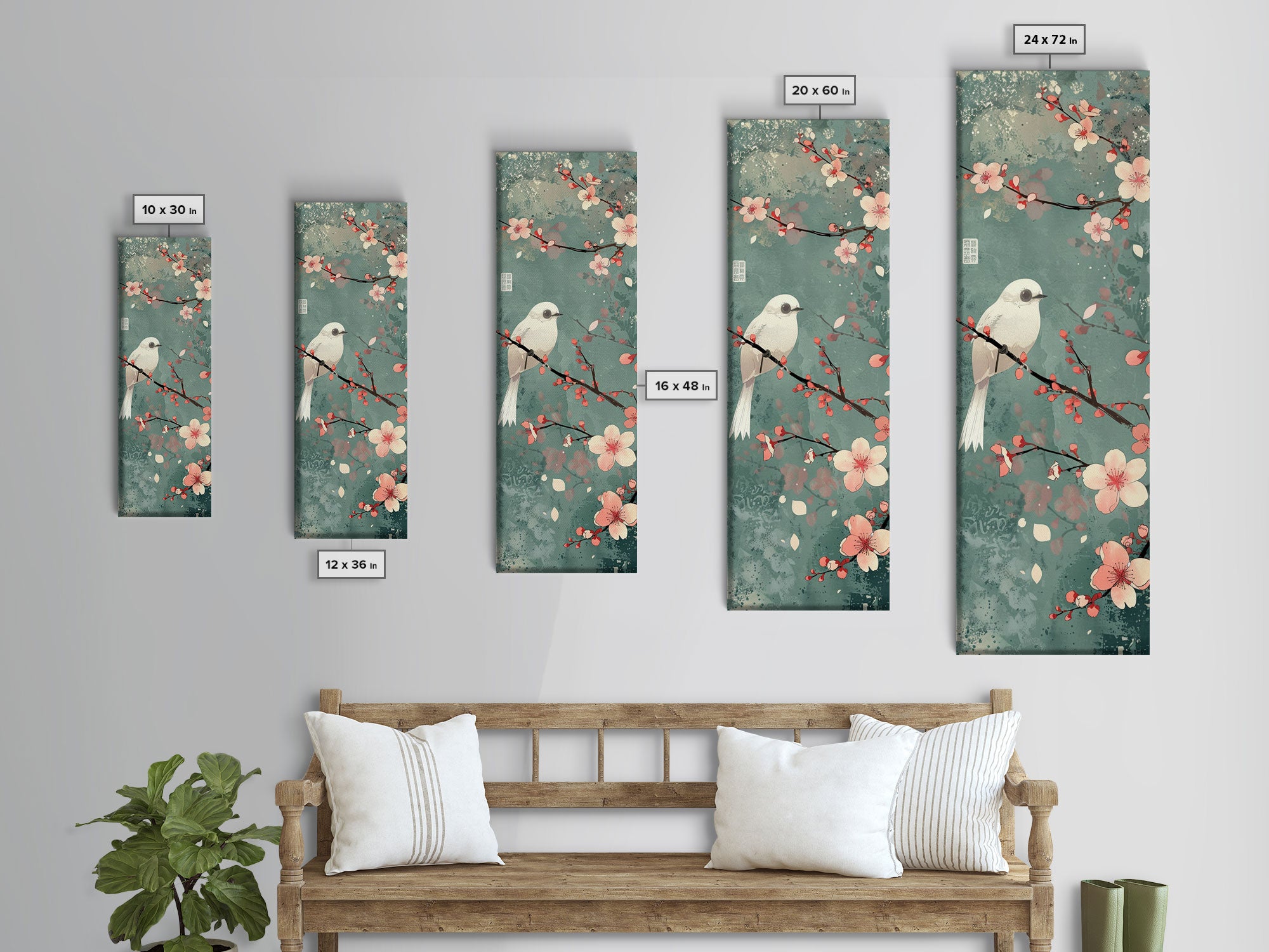 White Bird Perched On A Branch With Blossoms – Framed Canvas Print Combining Skinny Art And Tall Art Inspired By Ukiyo-E Art And Japanese Style Art