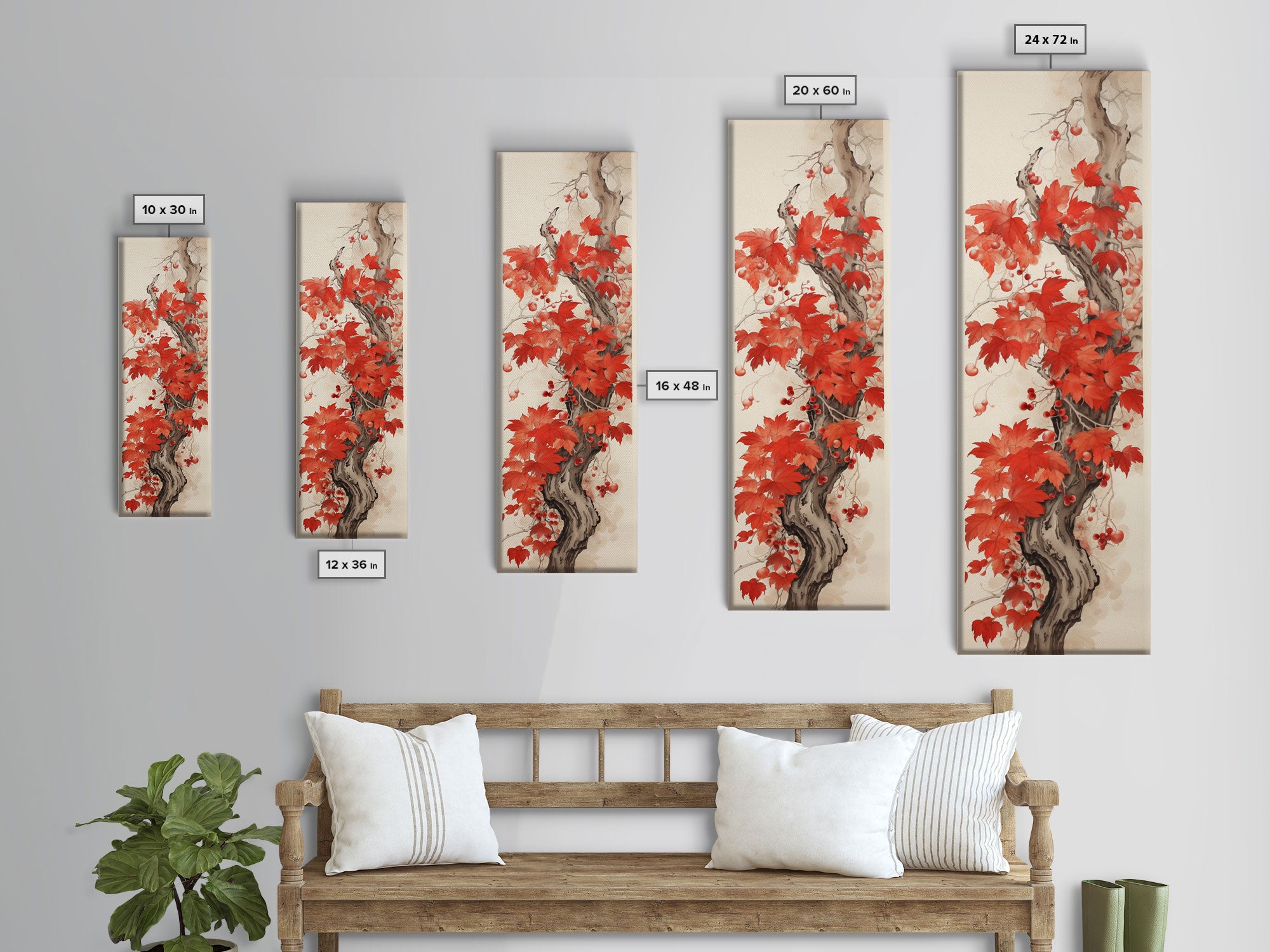 Striking Red Leaves And Berries On A Gnarled Tree, Tall Skinny Canvas Print For Feng Shui-Inspired Wall Art, Japanese Style Art