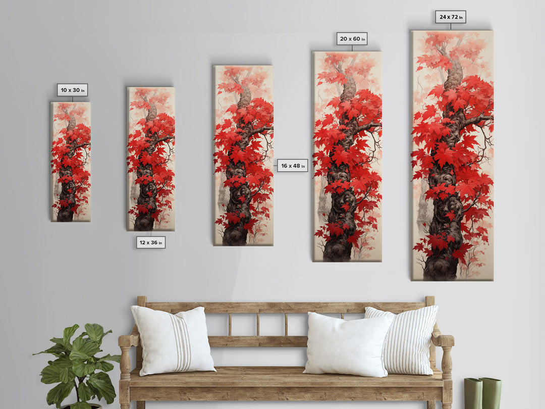 Skinny Art Tall Art Framed Canvas Print Japanese Style Art Wood Block Print Red Maple Leaves Tree Trunk Ukiyo-e Feng Shui Wall Art