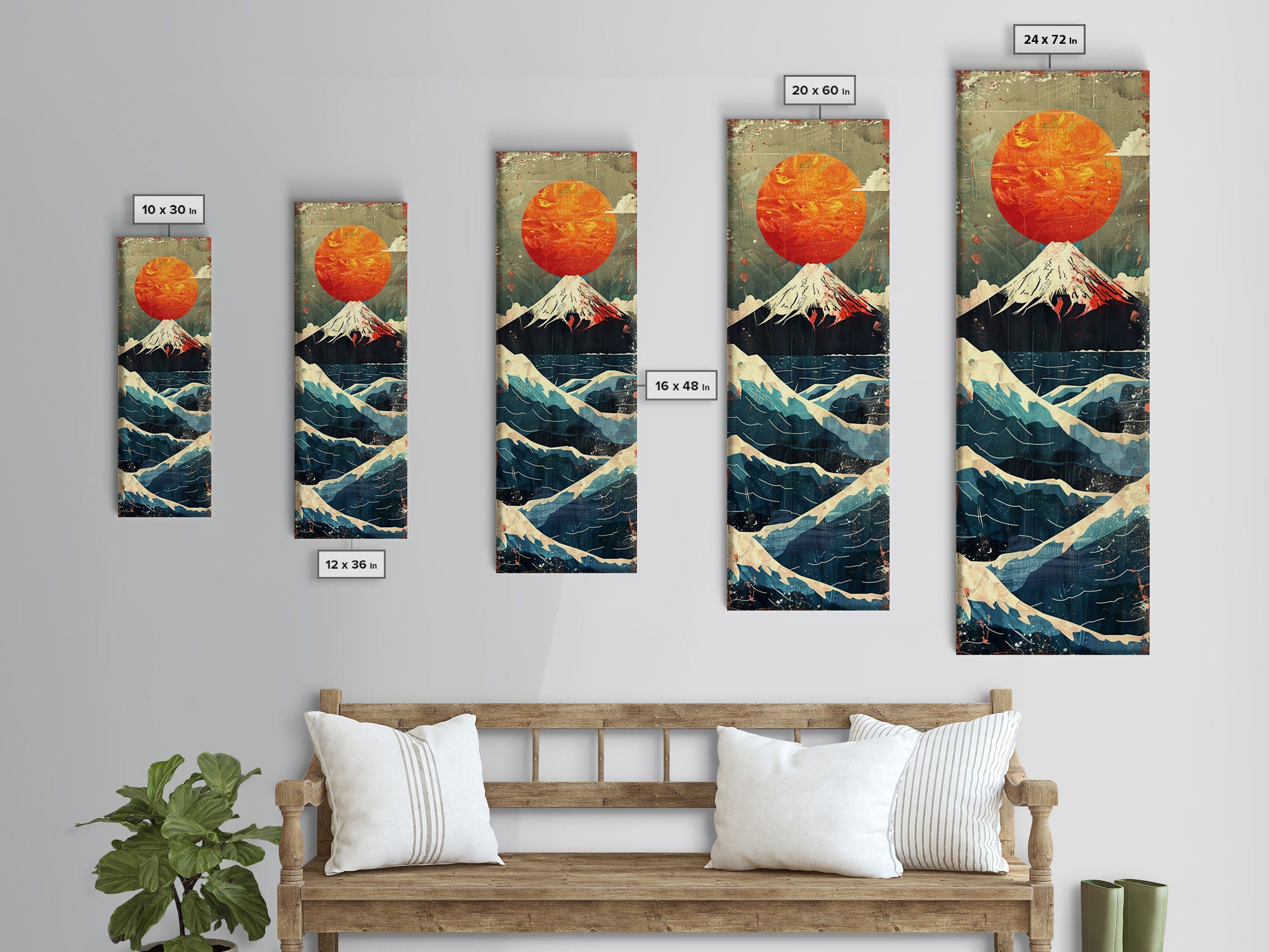 Skinny Art Tall Art Framed Canvas Print Japanese Style Art Mount Fuji Sunset Wood Block Print Ukiyo-e Feng Shui Wall Art