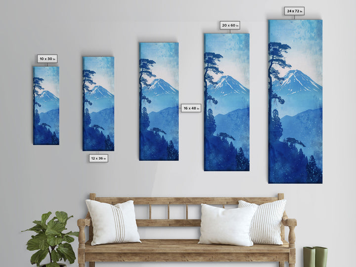 Skinny Art Tall Art Framed Canvas Print Japanese Style Art Blue Mount Fuji Forest Wood Block Print Ukiyo-e Feng Shui Wall Art