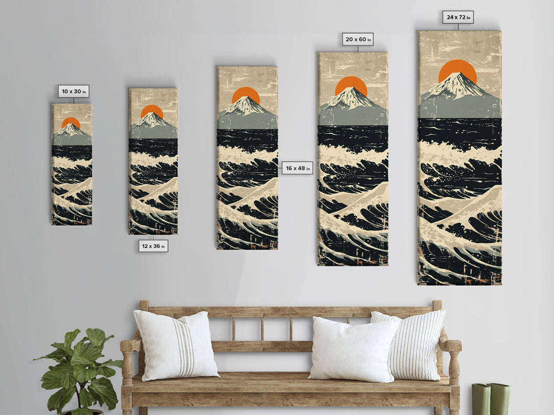 Skinny Art Tall Art Framed Canvas Print Japanese Style Art Vintage Mount Fuji Sun And Waves Wood Block Print Ukiyo-e Feng Shui Wall Art