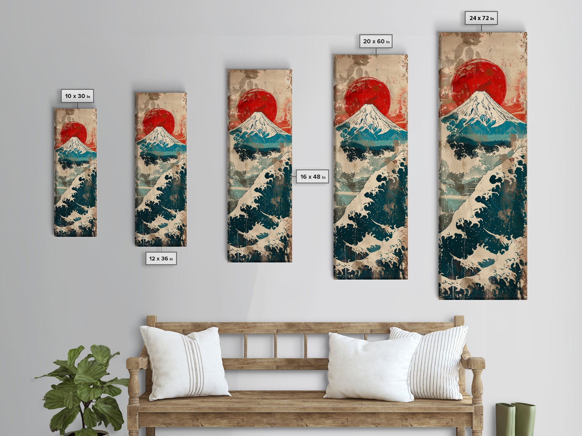 Skinny Art Tall Art Framed Canvas Print Japanese Style Art Retro Red Sun Mount Fuji Wood Block Print Ukiyo-e Feng Shui Wall Art