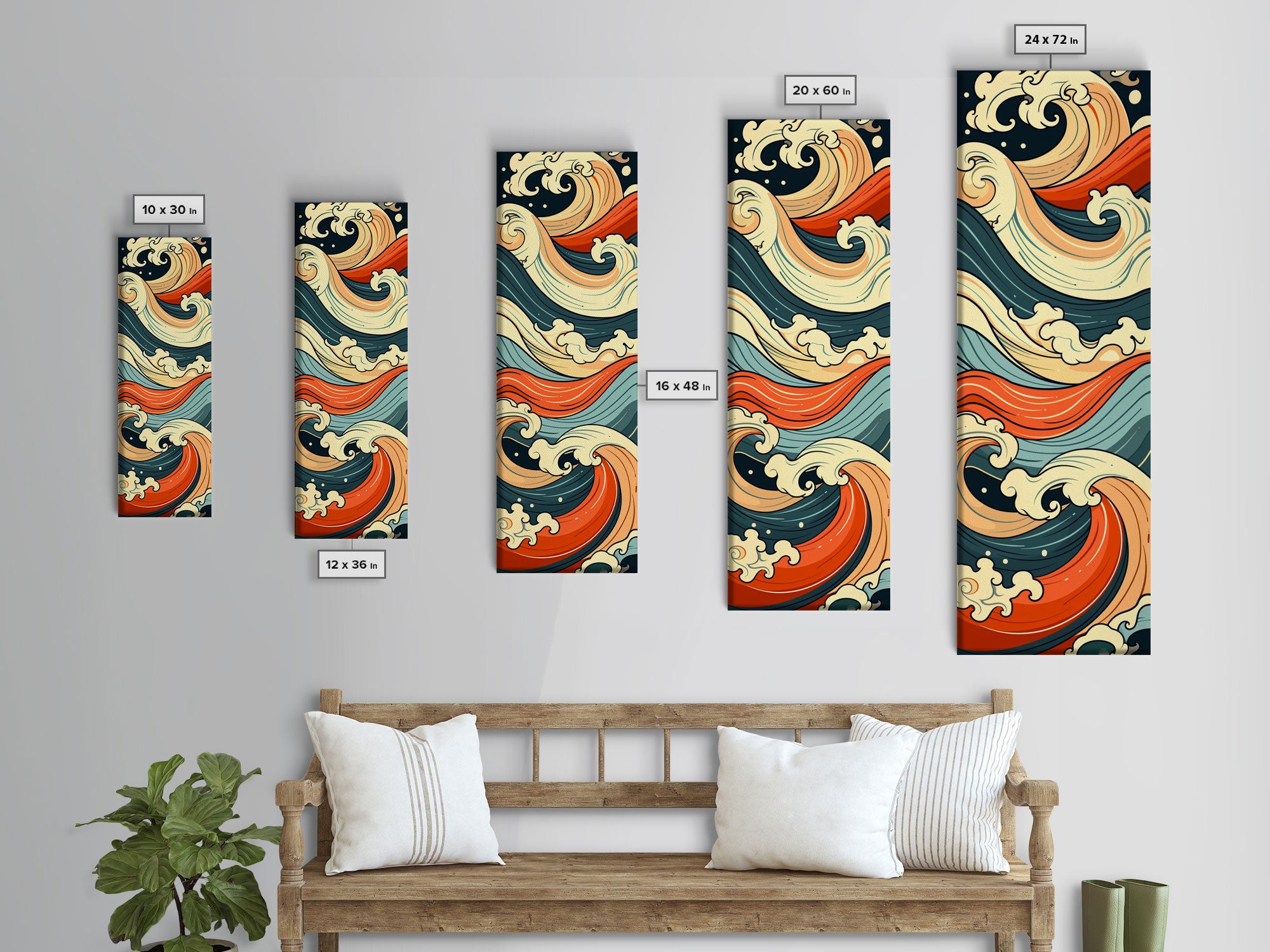 Abstract Wave Pattern With Vibrant Colors - Skinny Art Tall Art Framed Canvas Print Japanese Style Art Ukiyo-e Art