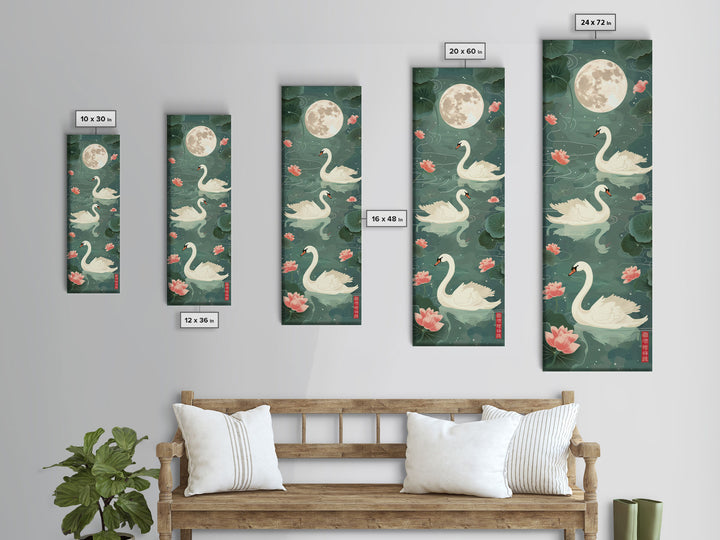 Swans Floating Gracefully Under The Full Moon In Japanese Style Ukiyo-e Art Framed Canvas Print Skinny Art Tall Art