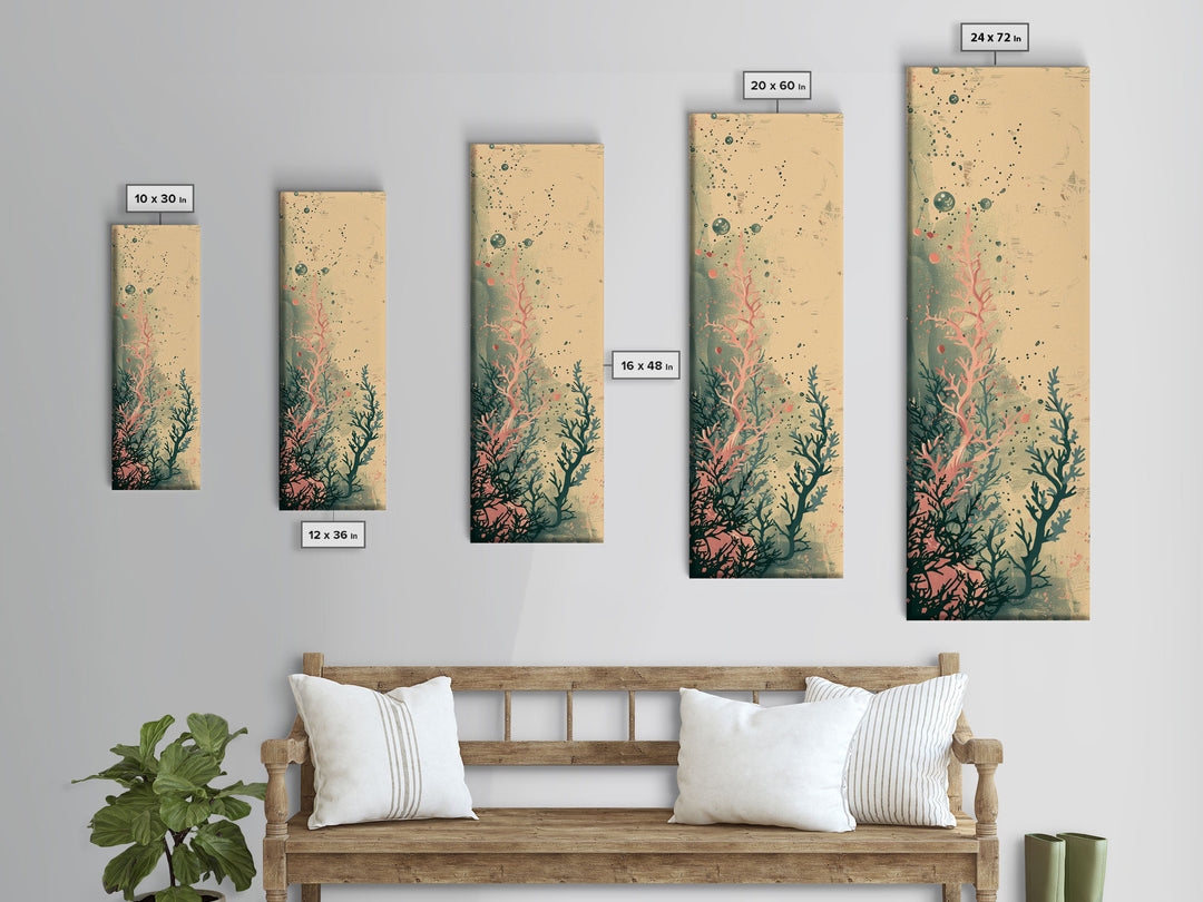 Tall Skinny Art Japanese Style Wood Block Print Abstract Seaweed In Soft Hues For Framed Canvas Print In Ukiyo-e Style