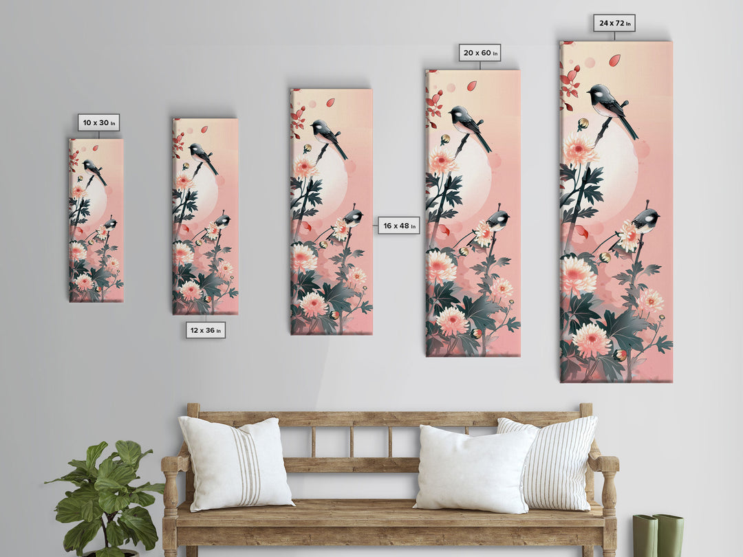 Tall Skinny Art Japanese Style Wood Block Print Birds On Branches Against A Soft Background For Framed Canvas Print In Ukiyo-e Style