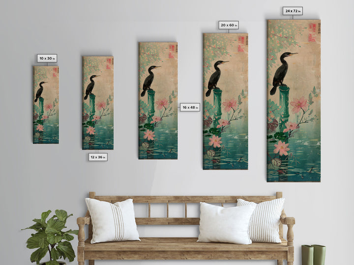 Tall Skinny Art Japanese Style Wood Block Print Bird Perched On Bamboo By A Pond With Flowers In Ukiyo-e Style For Framed Canvas Print