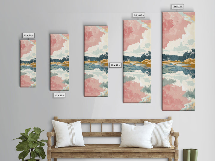 Tall Skinny Art Japanese Style Wood Block Print Serene Lake Scene With Pastel Reflections For Framed Canvas Print In Ukiyo-e Style