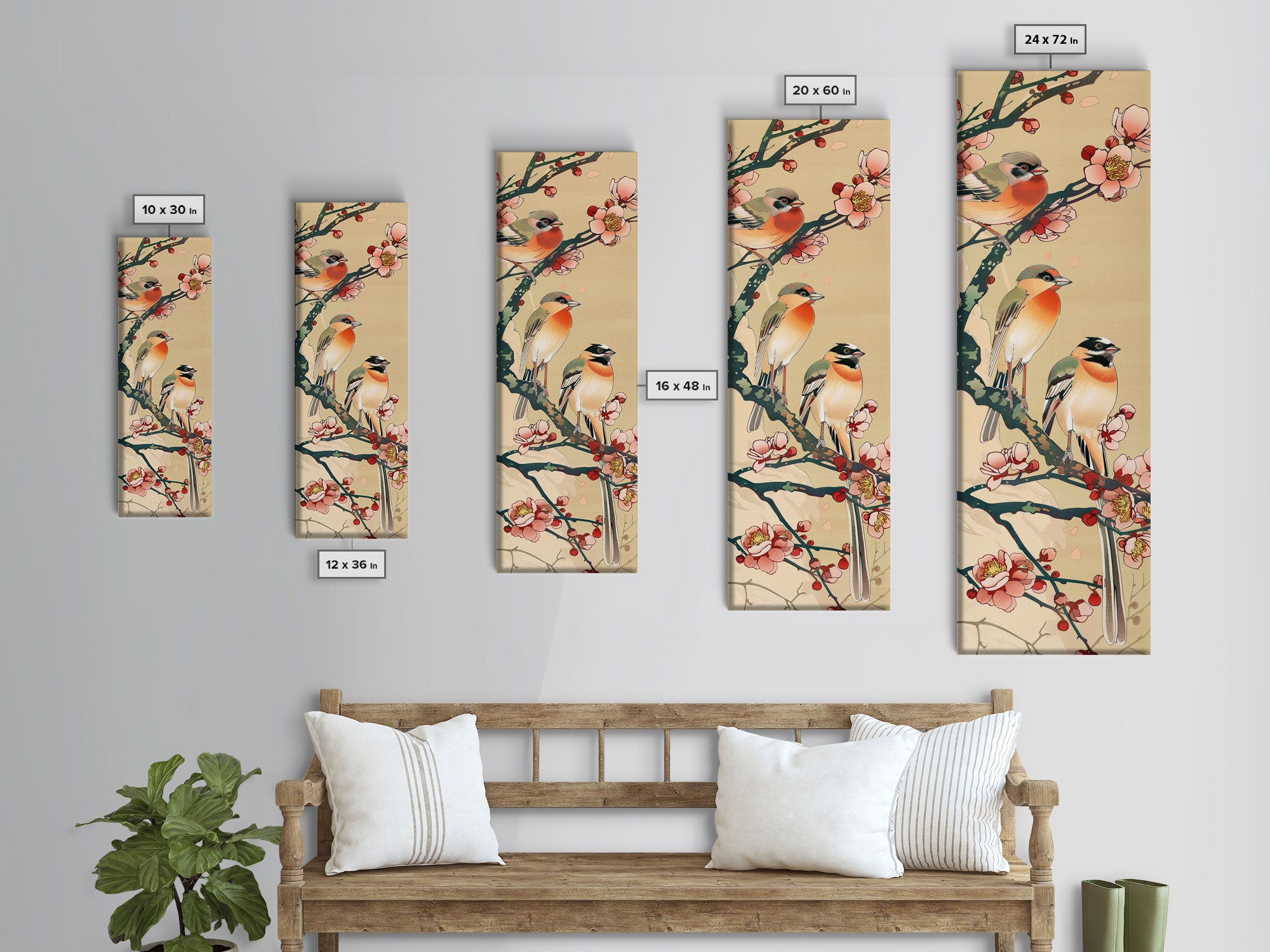 Tall Skinny Art Japanese Style Wood Block Print Vibrant Birds On Flowering Branches In Ukiyo-e Style For Framed Canvas Print