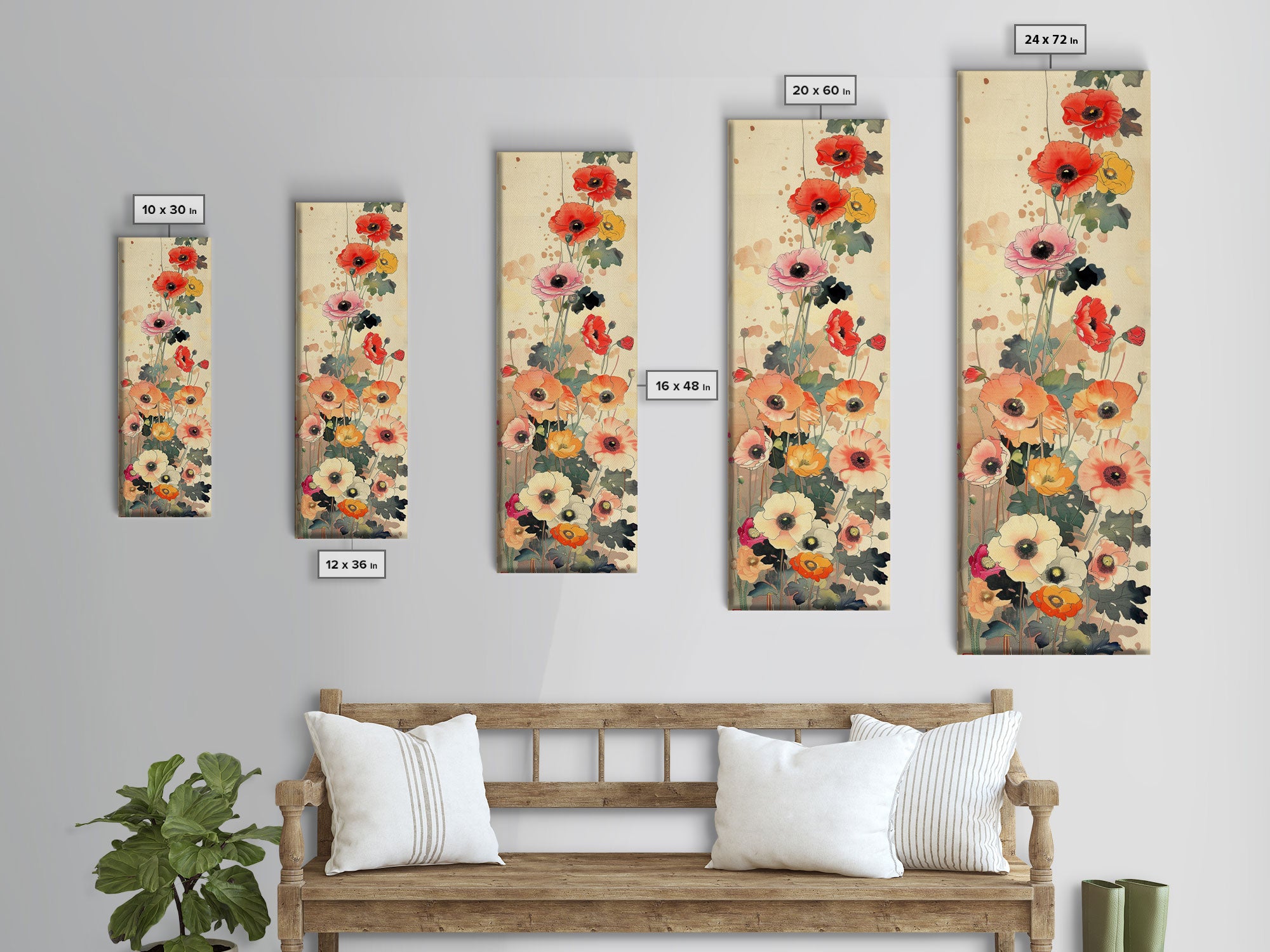 Tall Skinny Art Japanese Style Wood Block Print Colorful Poppy Flowers On A Neutral Background For Framed Canvas Print In Ukiyo-e Style