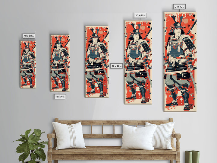 Tall Skinny Art Japanese Style Wood Block Print Samurai Warrior In Full Armor On A Red Background For Framed Canvas Print In Ukiyo-e Style