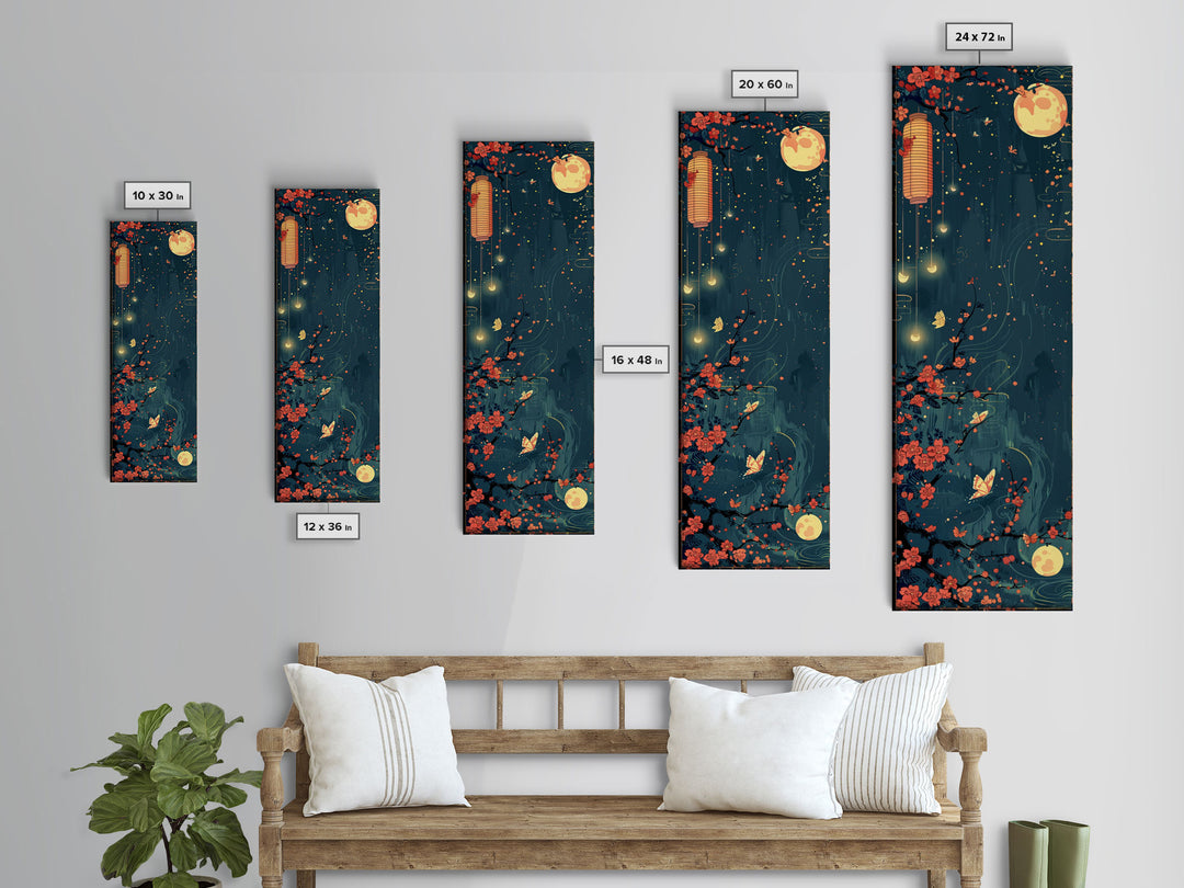 Tall Skinny Art Japanese Style Wood Block Print Night Scene With Lanterns And Cherry Blossoms For Framed Canvas Print In Ukiyo-e Style