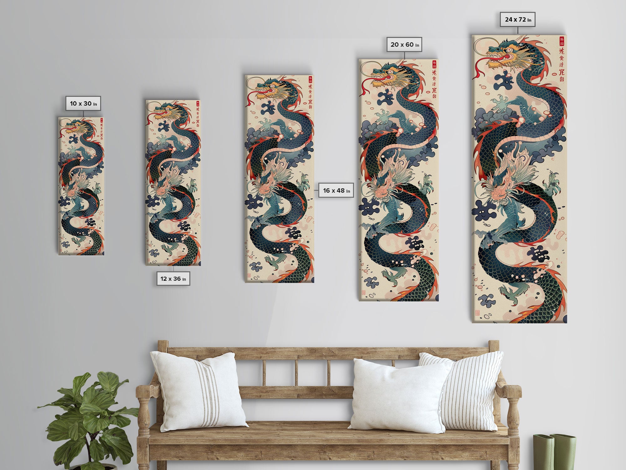 Tall Skinny Art Japanese Style Wood Block Print Dynamic Dragon In Traditional Colors On A Cream Background For Framed Canvas Print