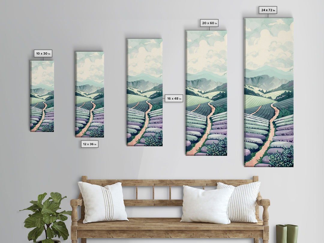 Tranquil Lavender Fields Skinny Art Tall Art Japanese Ukiyo-e Inspired Landscape Framed Canvas Print for Serene Living Spaces