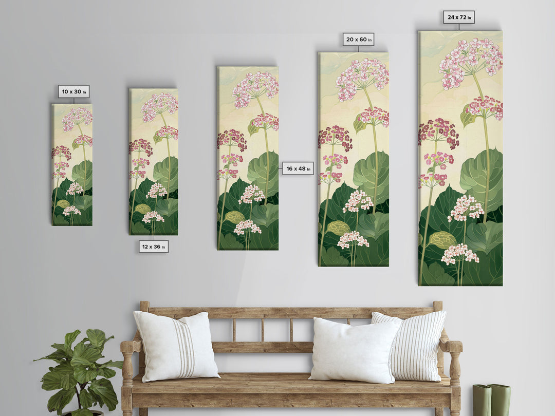 Towering Flower Stalks with Soft Green Leaves against a Pale Background - Skinny Art, Japanese Wall Decor, Framed Canvas Print, Ukiyo-e Style