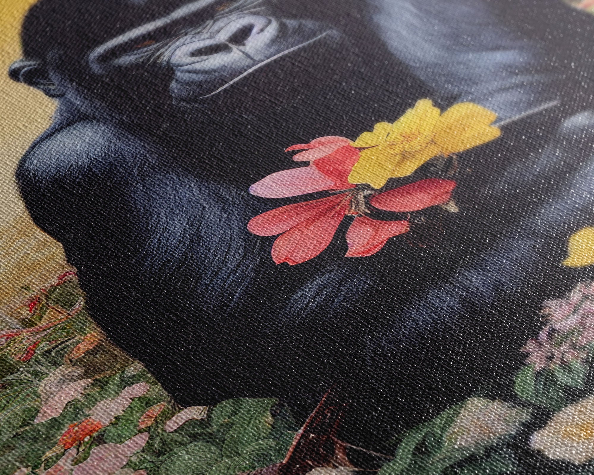 Portrait of a happy gorilla holding flowers, Framed Canvas Print, Ready To Hang Framed Wall Art