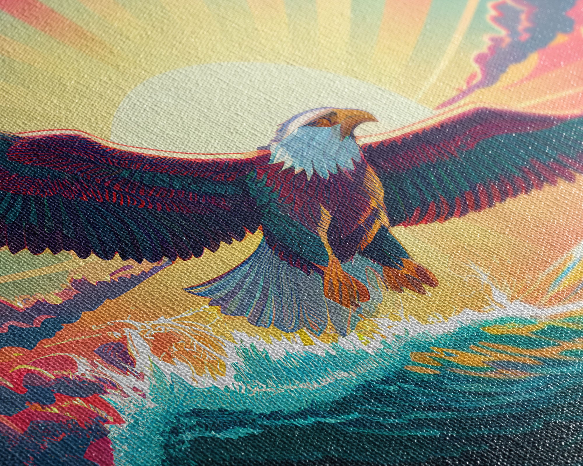 American Bald Eagle, Panoramic Wall Art, Framed Canvas, Retro Style Eagle Painting, Synthwave Ocean Sunset Art