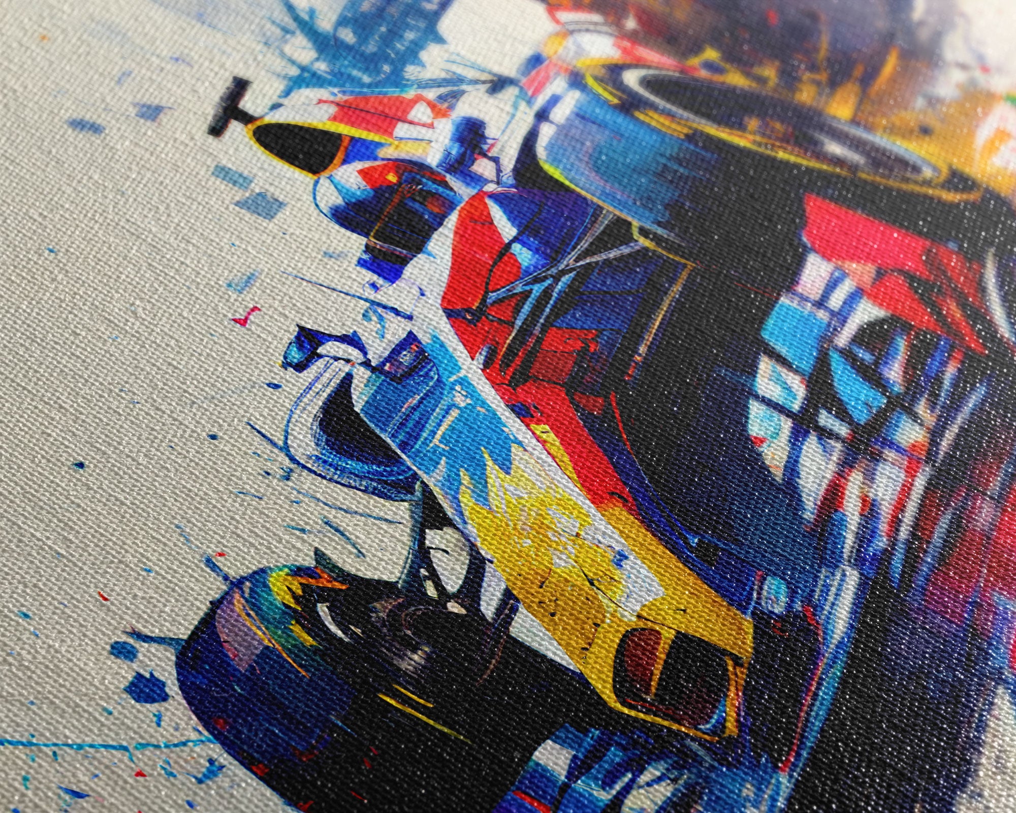 Graffiti Art, Formula One, F1 Race  Car Splatter Paint Art, Framed Canvas Print