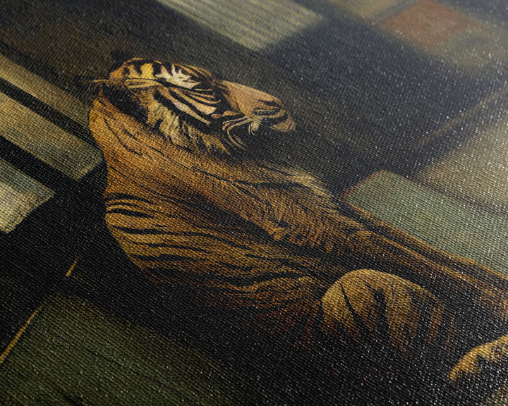 Tiger in a Subway train car, Post-apocalyptic urban decay art, framed canvas print