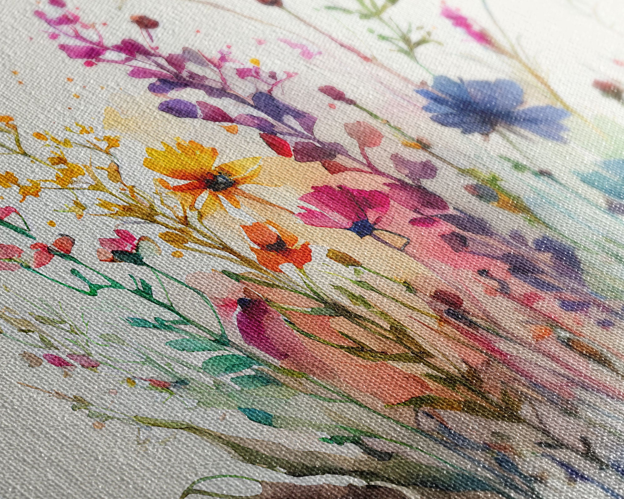 Panoramic Wildflower Canvas Print, Watercolor Flowers, Farmhouse Decor, Meadow Grass, Bedroom Wall Decor, Pastel Colors, Botanical Greenery