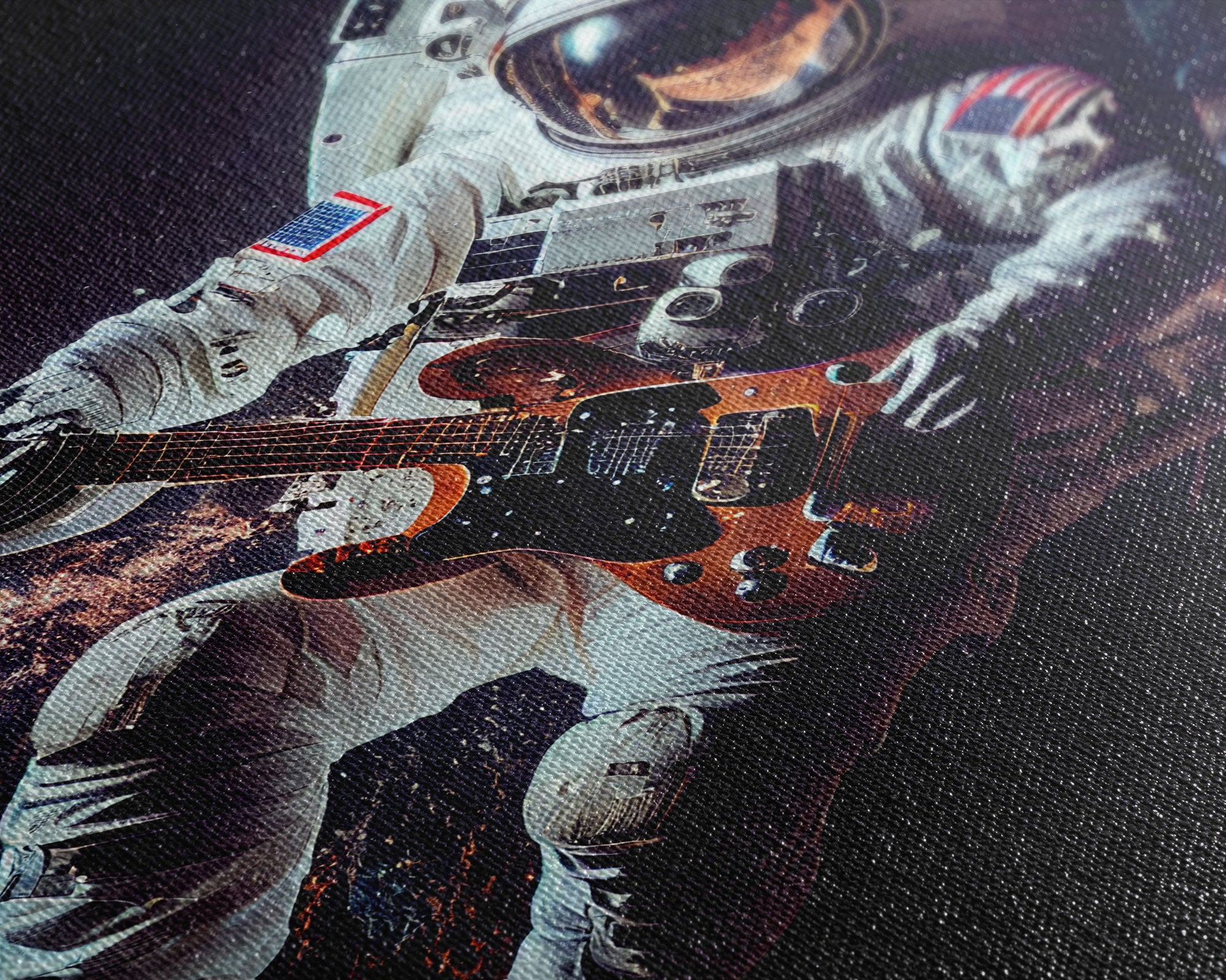 Space man jam, astronaut playing guitar in space, framed canvas print wall art