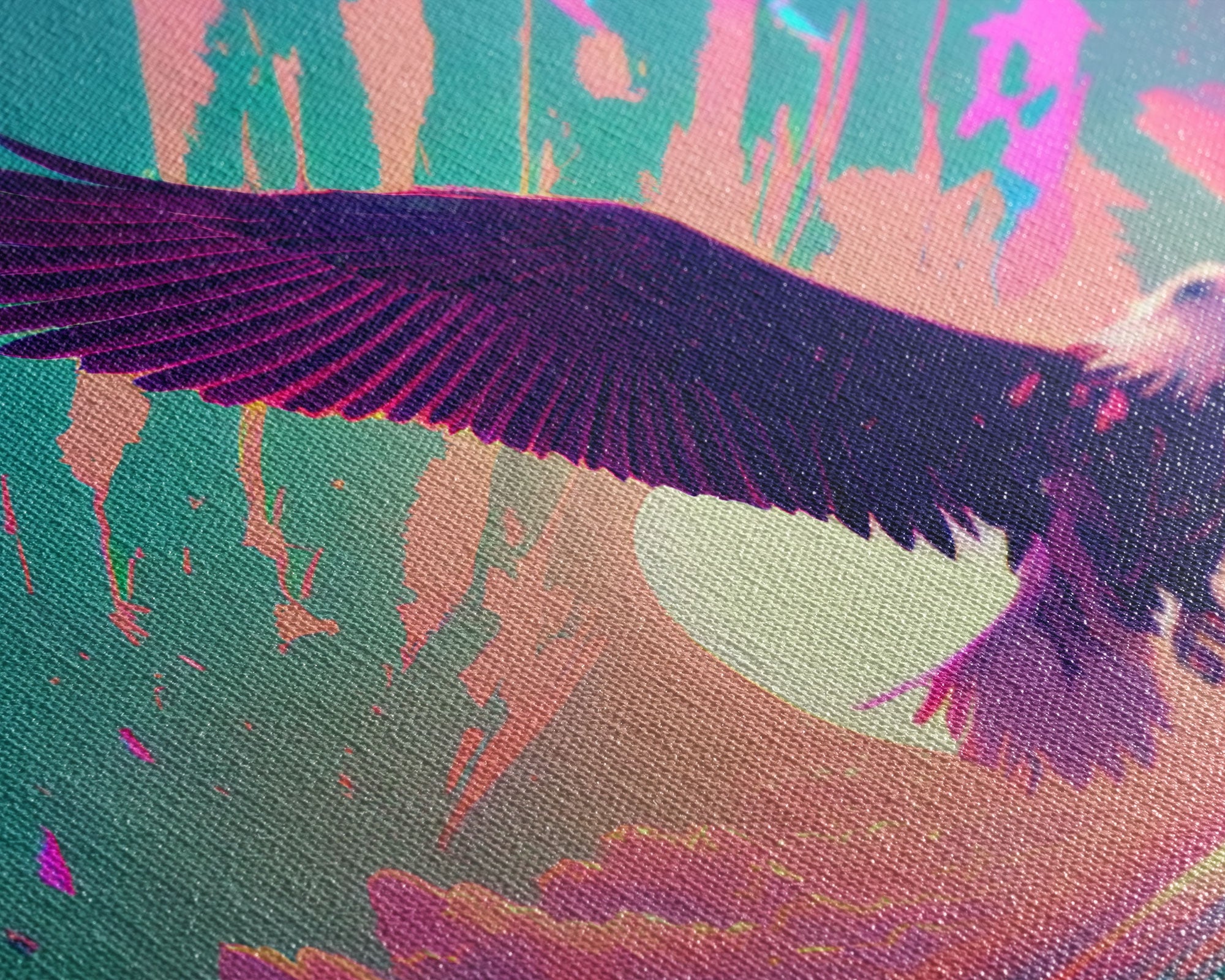 Bald eagle in flight, vaporwave sunset, vaporwave art, framed canvas print, pink and turquoise art