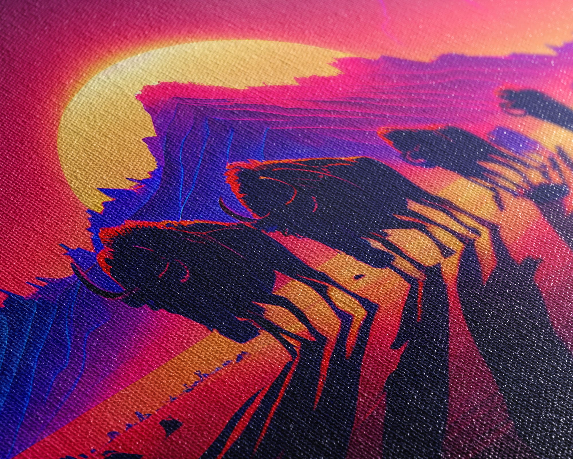 Synthwave American Buffalo, Retrowave art, herd of Bison and a setting sun, framed canvas print