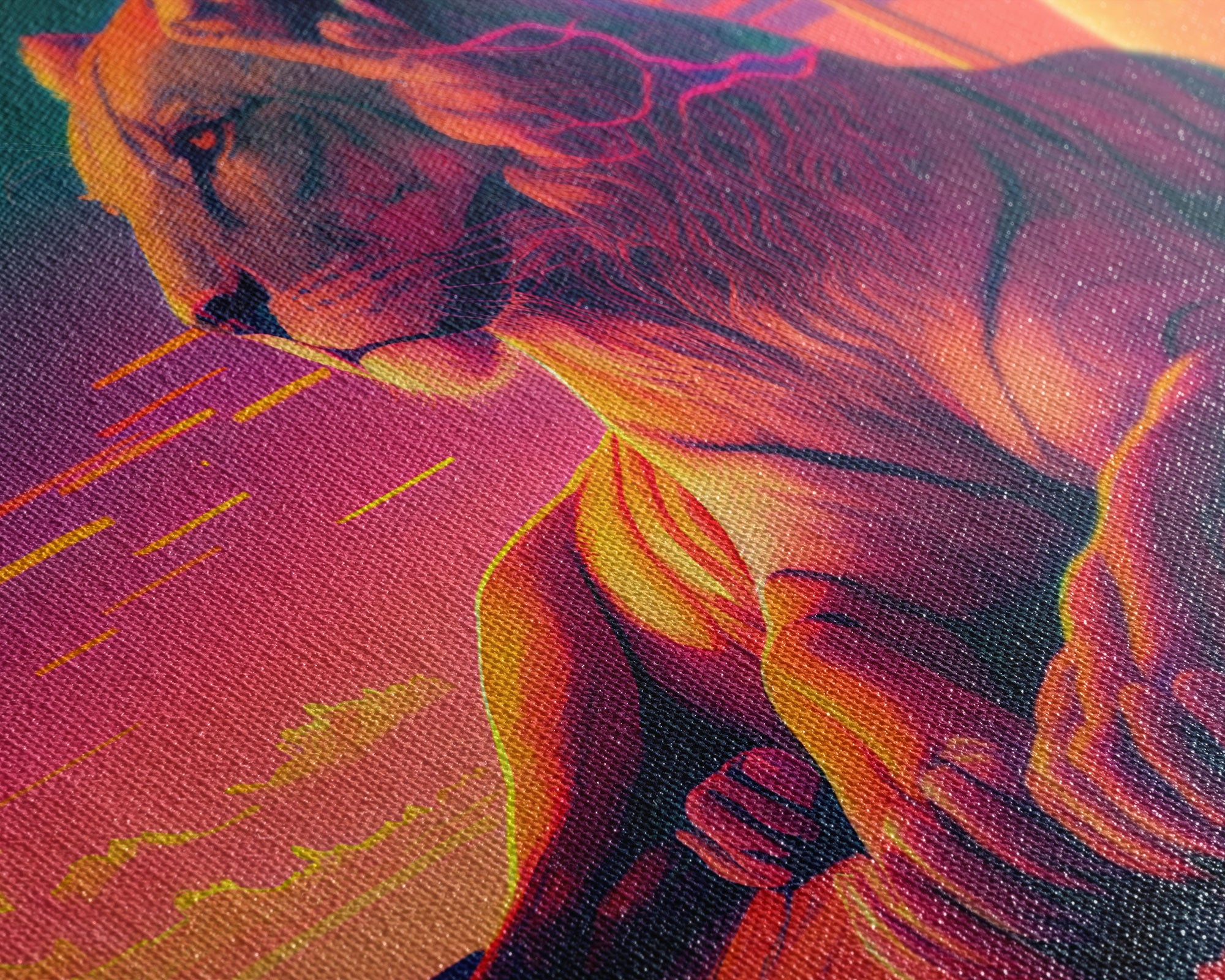 Lion contemplating life on a cliff, vibrant and colorful synthwave retro style art, framed canvas print