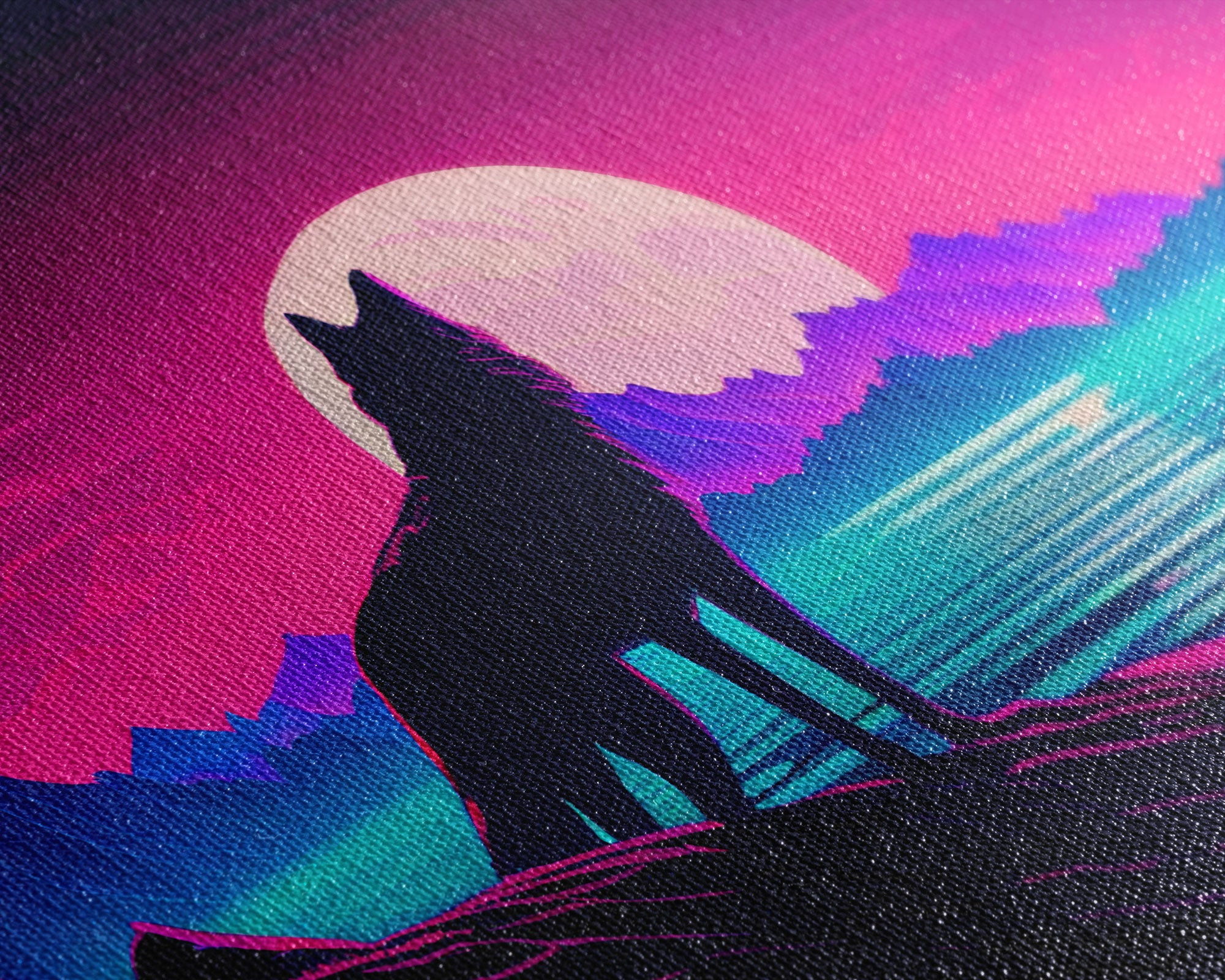 Wolf art, turquoise landscape, framed canvas print, vaporwave aesthetic desert art