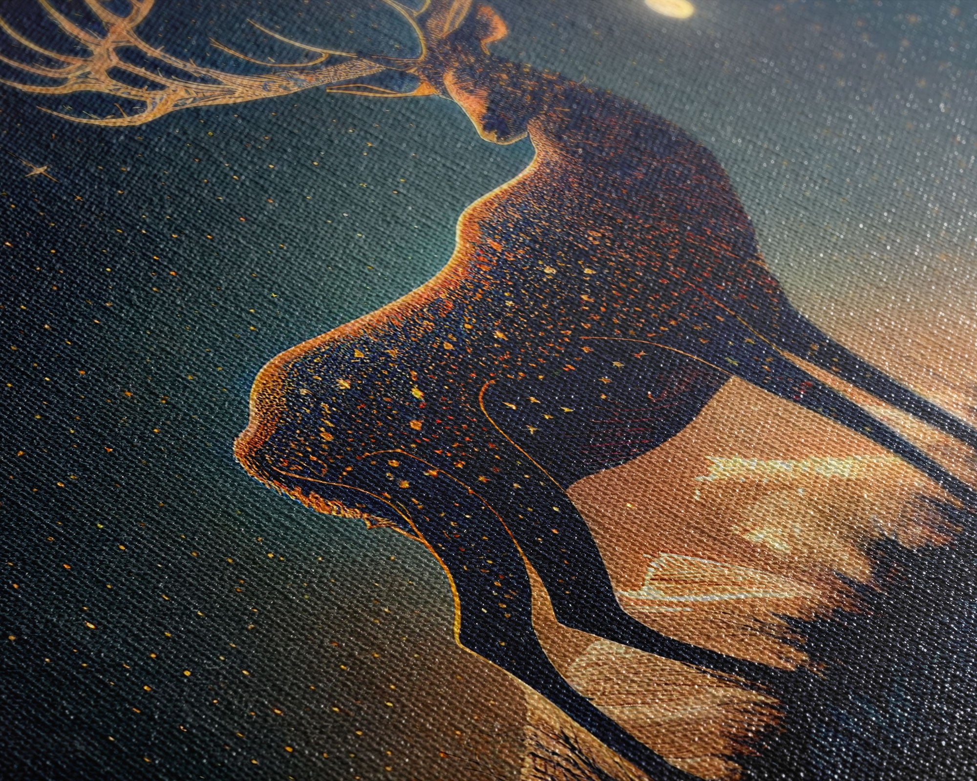 Deer made of stars, reflection stag, framed canvas print, unique wall art